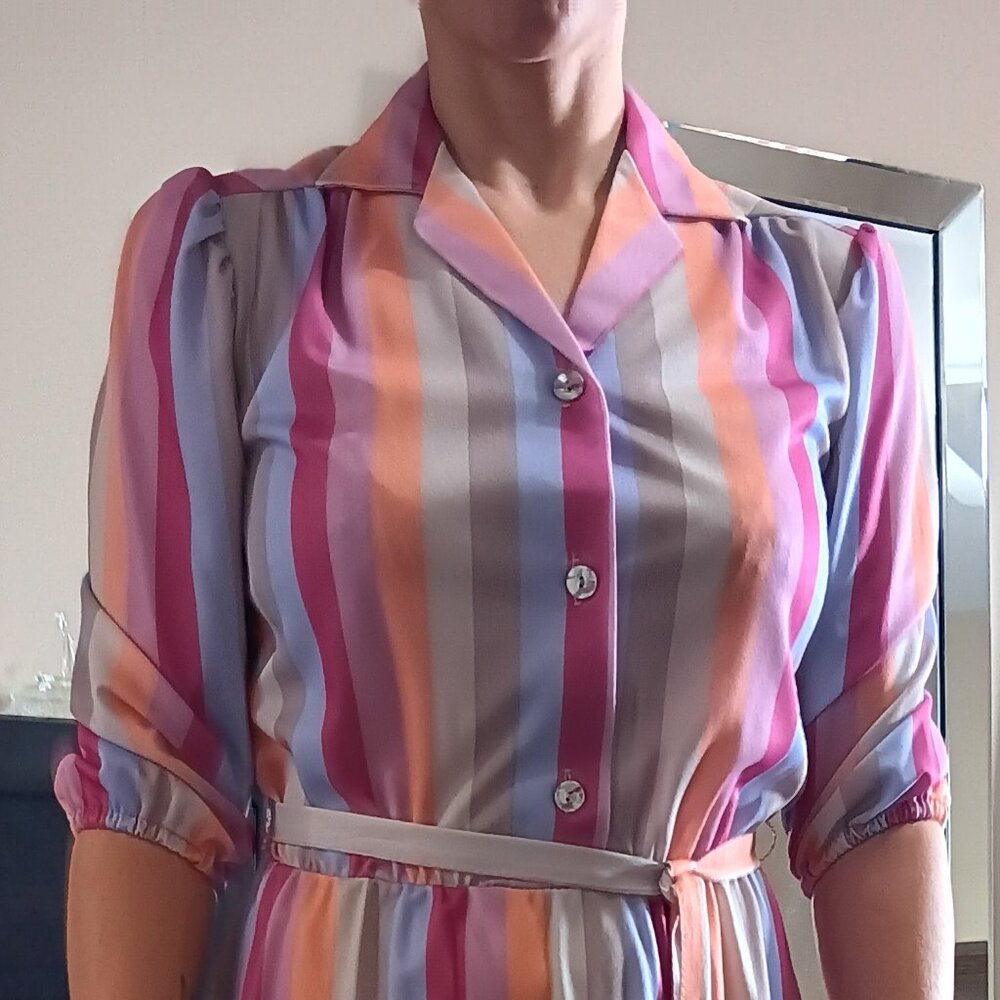 Vintage Deadstock NOS Striped Multicolored Secretary Dress Button Up 70s 80s